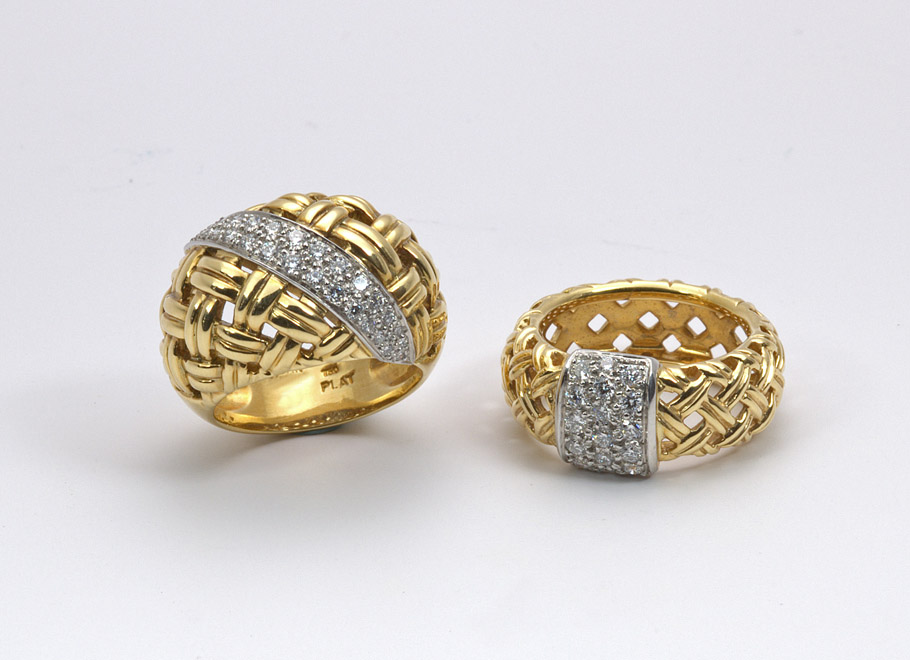 Yellow Gold and Platinum Basketweave Rings with Diamonds