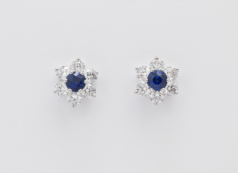 Platinum Blue Sapphire and Diamond Cluster Earrings