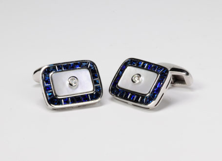 White Gold Blue Sapphire, Mother of Pearl, and Diamond Cuff Links