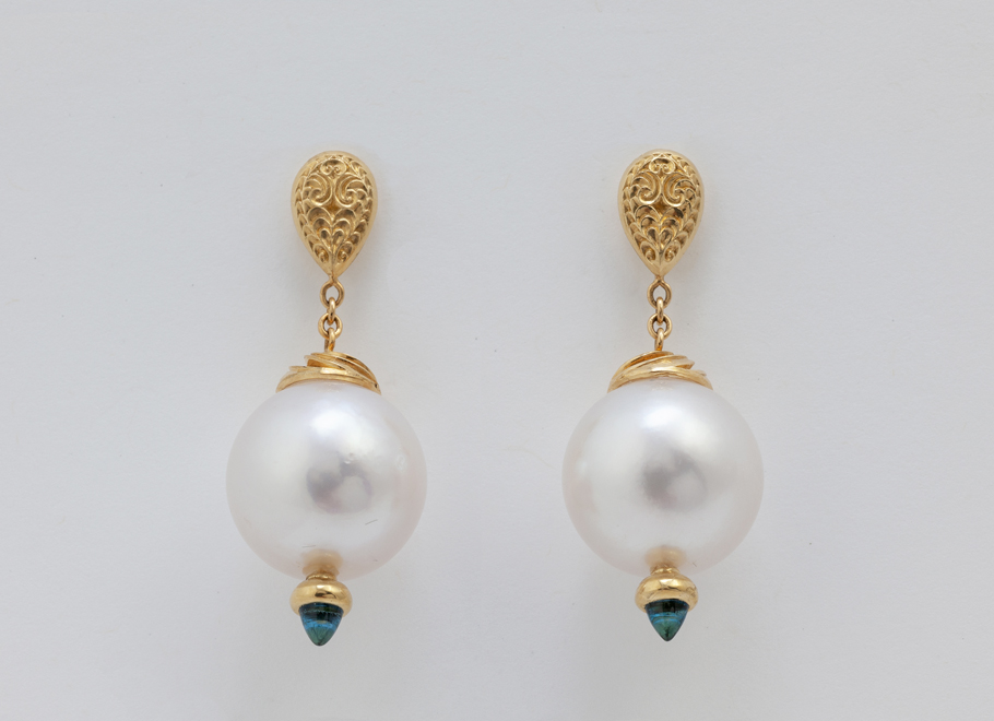 Yellow Gold White South Sea Pearl and Blue Topaz Earrings