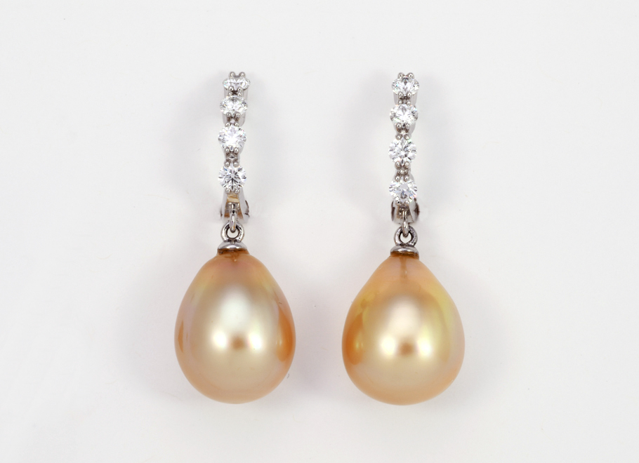 Platinum Diamond and Golden South Sea Pearl Earrings