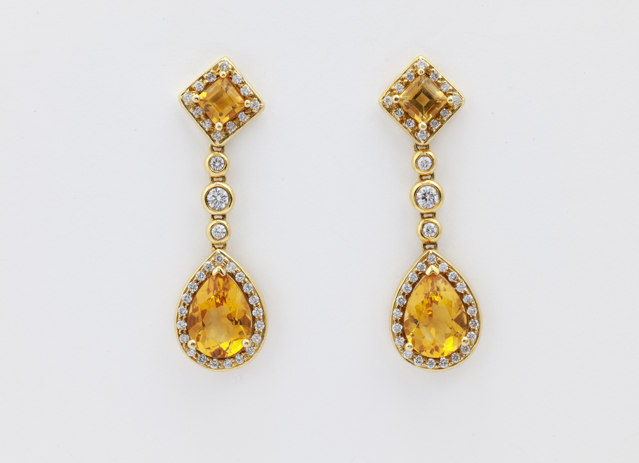 Yellow Gold Citrine and Diamond Drop Earrings