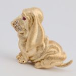 Yellow Gold Basset Hound Brooch with Ruby Eyes and Diamonds