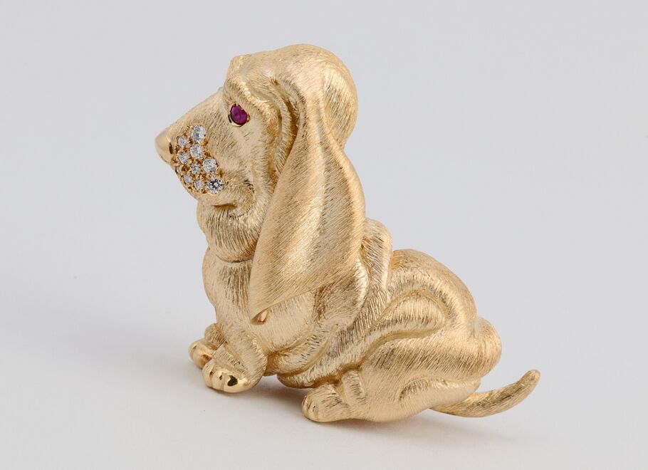 Yellow Gold Basset Hound Brooch with Ruby Eyes and Diamonds