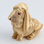 Basset Hound Dog Brooch Made With Ruby, Diamonds, and Yellow Gold