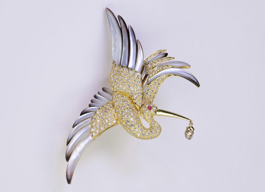 Yellow Gold Diamond, Mother of Pearl, and Ruby Stork Brooch