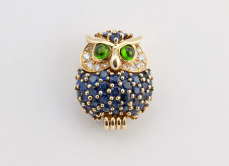 Yellow Gold Owl Brooch with Diamonds, Blue Sapphires, and Chrome Tourmalines