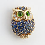 Owl Brooch Made with Blue Sapphires & Chrome Tourmalines
