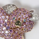 Pig Brooch with Diamonds, Sapphires, & Yellow Gold