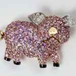 Yellow Gold and Platinum Piglet Brooch with Diamonds, Sapphires, and Black Onyx