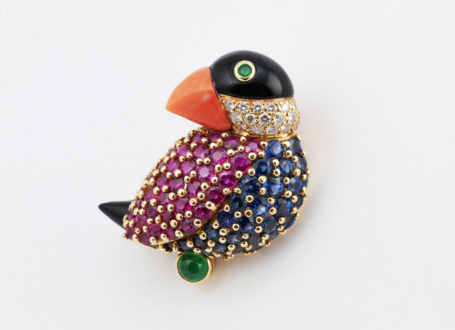Yellow Gold Puffin Brooch with Diamonds, Colored Gemstones, Black Onyx, and Coral