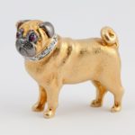 Yellow and White Gold Pug Brooch with Diamond Collar and Ruby Eyes