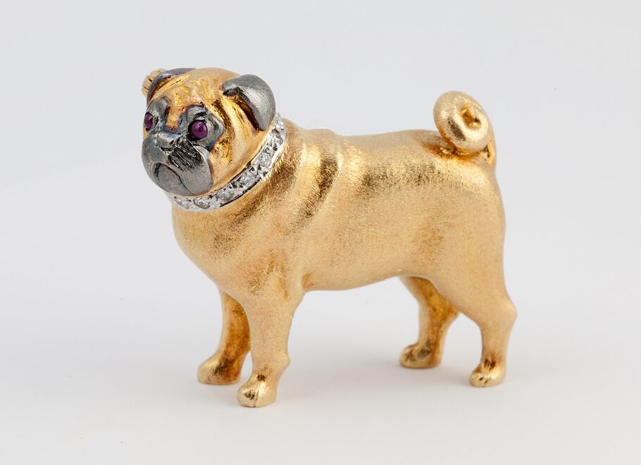 Yellow and White Gold Pug Brooch with Diamond Collar and Ruby Eyes