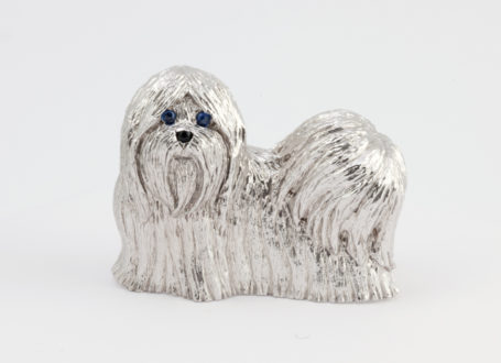 White Gold Shih Tzu Brooch with Blue Sapphires and Black Onyx
