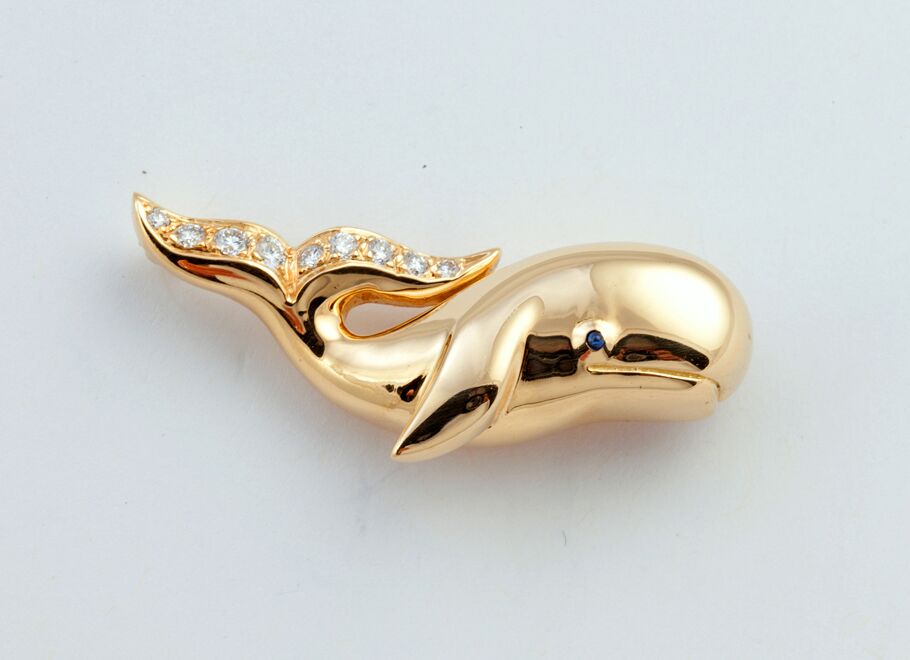 Yellow Gold Whale Brooch with Diamond Tail and Blue Sapphire Eye