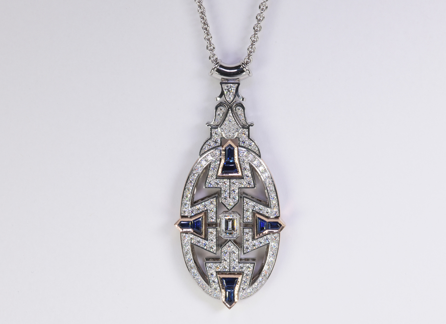 Platinum and Rose Gold Diamond and Blue Sapphire Necklace