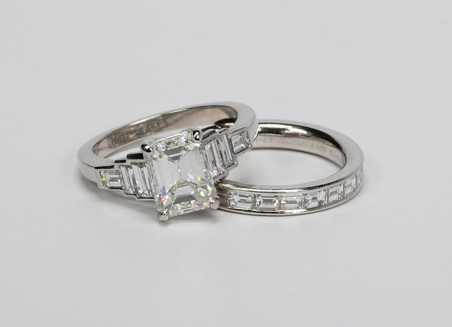 Platinum Emerald Cut Diamond Engagement Ring with Platinum Baguette Shape Diamond Band