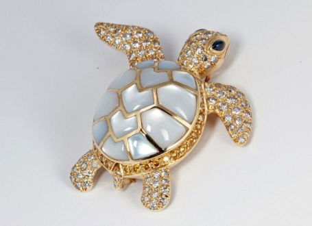 Yellow Gold Sea Turtle Brooch with Diamonds, Blue Sapphires, and Mother of Pearl