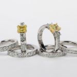 Platinum and Yellow Gold Fancy Yellow Diamond Engagement Rings with Platinum Diamond Bands