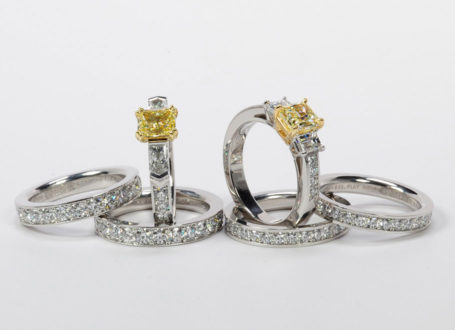 Platinum and Yellow Gold Fancy Yellow Diamond Engagement Rings with Platinum Diamond Bands