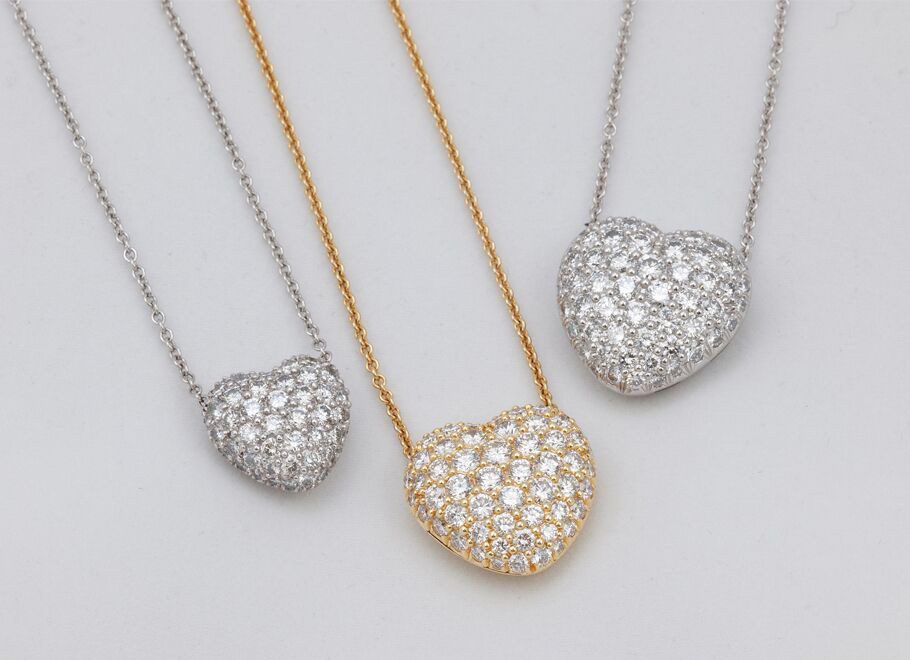 Pavé Diamond Puffed Heart Necklaces