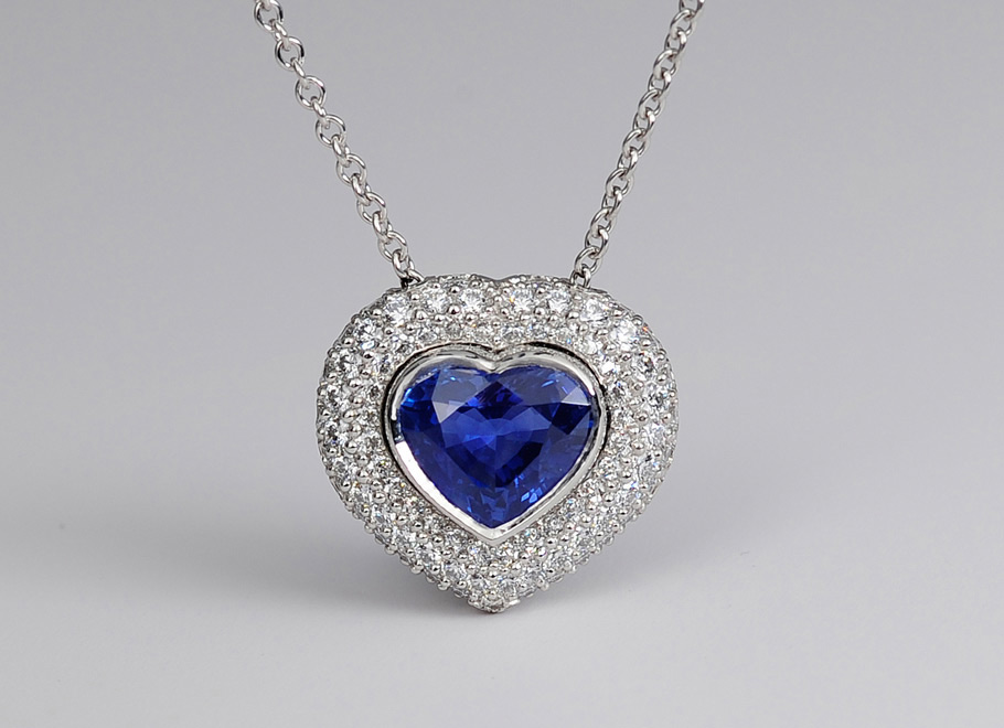Platinum Heart Shape Blue Sapphire and Pavé Diamond Pendant