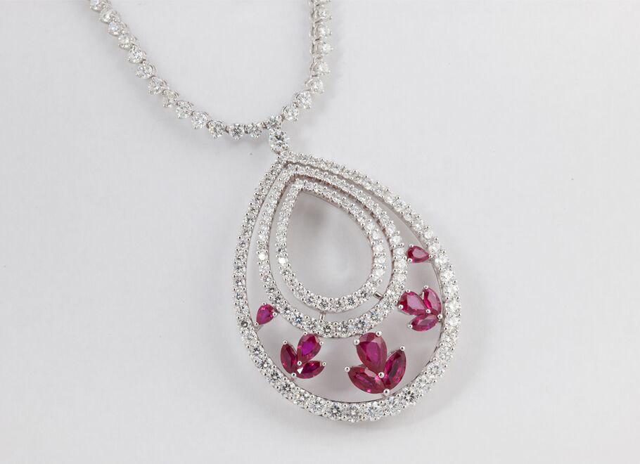 White Gold Diamond and Ruby Necklace