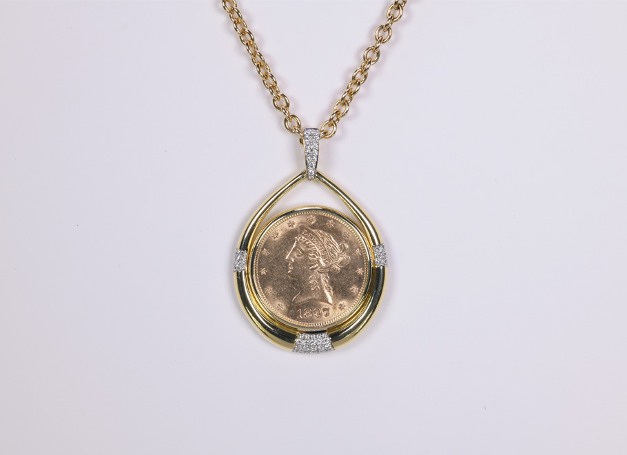 Yellow Gold $10 US Liberty Diamond Necklace
