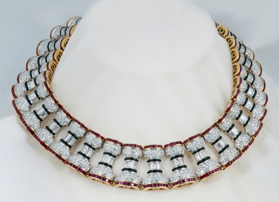 White and Yellow Gold Diamond, Ruby, and Black Onyx Necklace