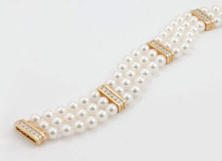 Three Row Cultured Pearl and Diamond Bracelet