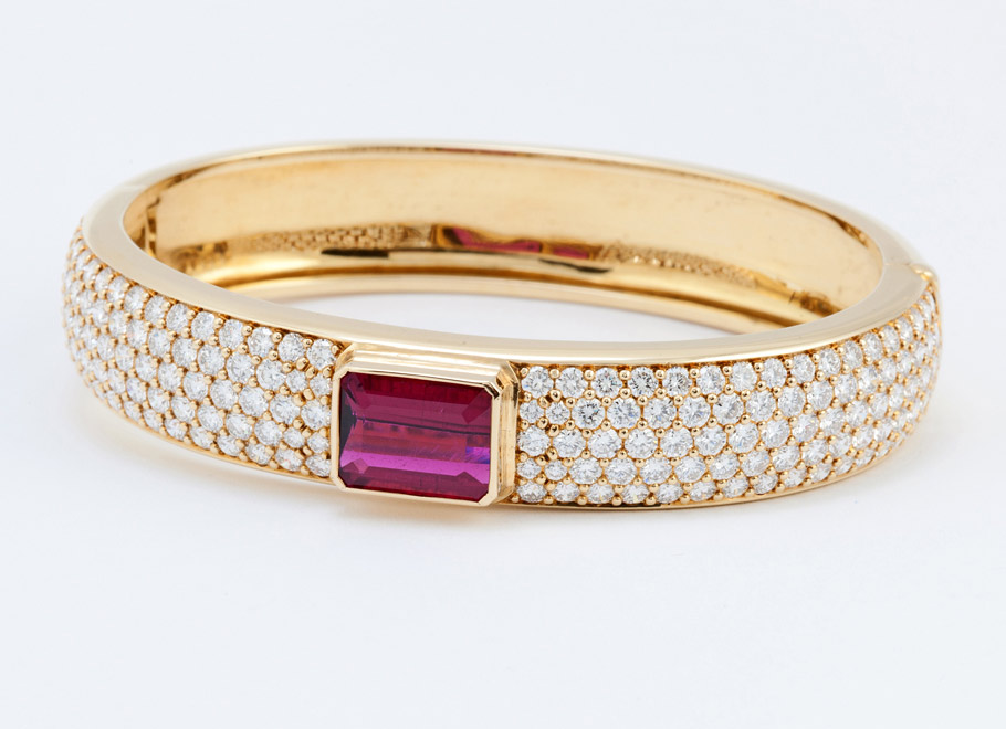 Yellow Gold Pavé Diamond and Rubellite Bangle Bracelet