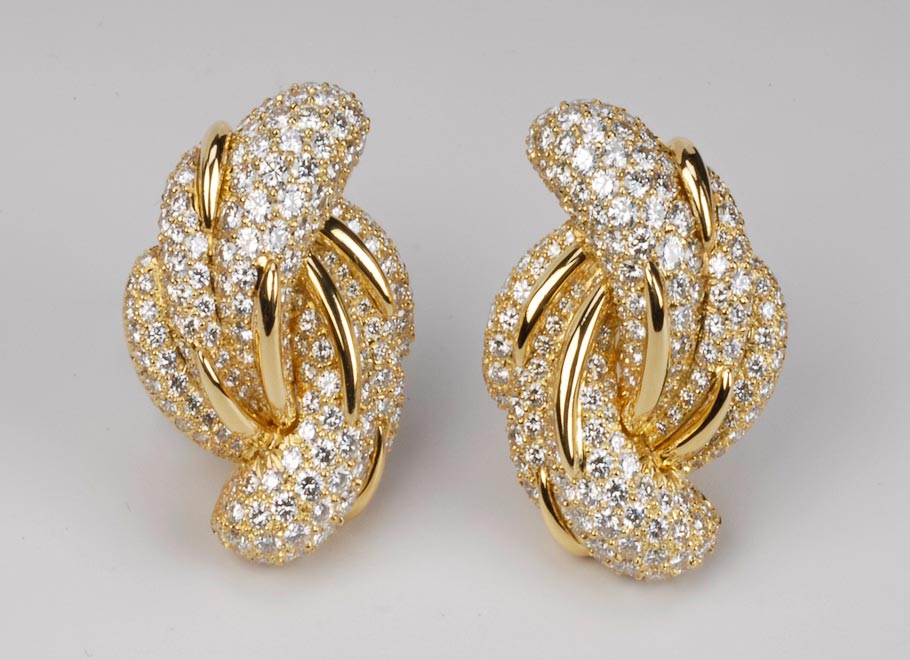 Important Yellow Gold Pavé Diamond Swirl Earrings