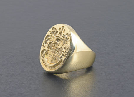 Yellow Gold Hand Engraved Coat of Arms Oval Shape Signet Ring