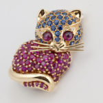 Yellow Gold Large Kitten Brooch with Blue Sapphires, Rubies, Diamonds, and Garnets