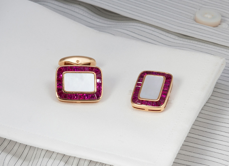 Yellow Gold White Mother of Pearl and Ruby Cuff Links