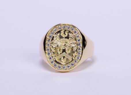 Yellow Gold Coat of Arms Signet Ring with Diamond Border