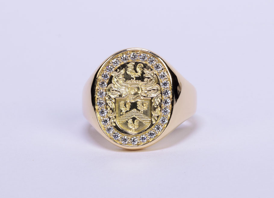 Yellow Gold Coat of Arms Signet Ring with Diamond Border
