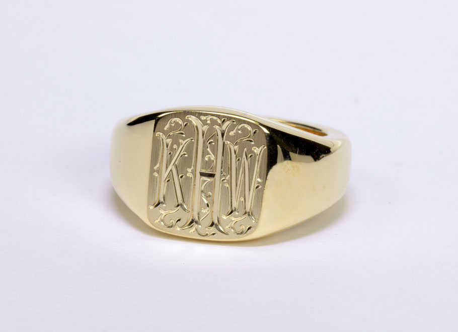 Yellow Gold Hand Engraved Initial Signet Ring