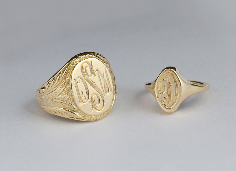 Yellow Gold Hand Engraved Initial Signet Rings
