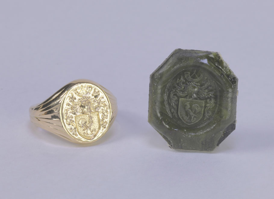 Yellow Gold Hand Engraved Coat of Arms Signet Ring