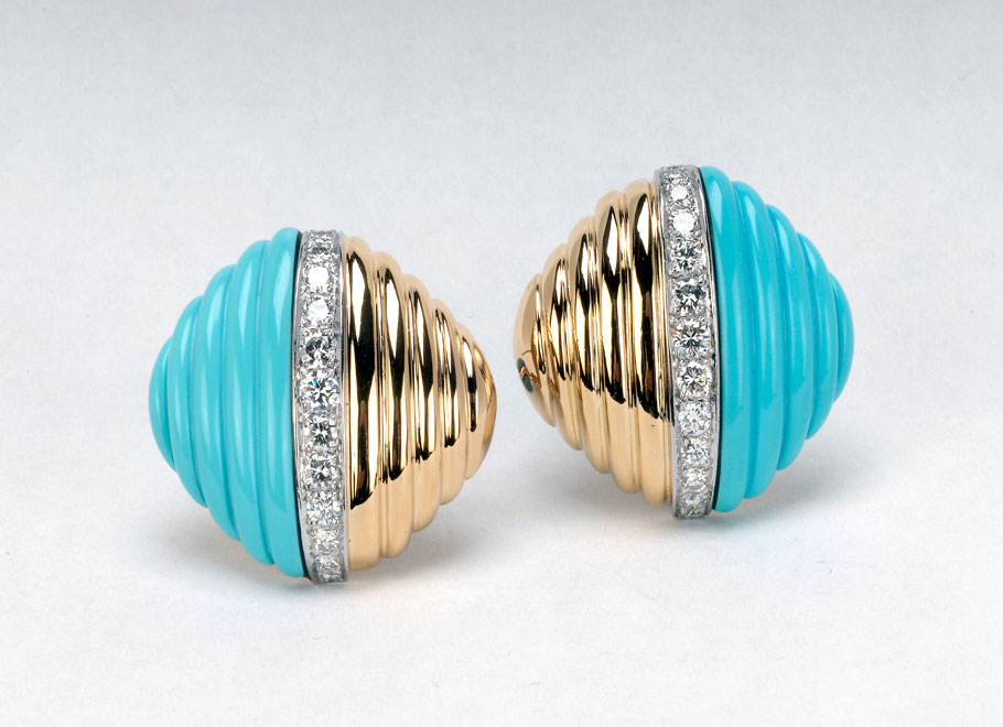 Yellow and White Gold Diamond and Turquoise Earrings