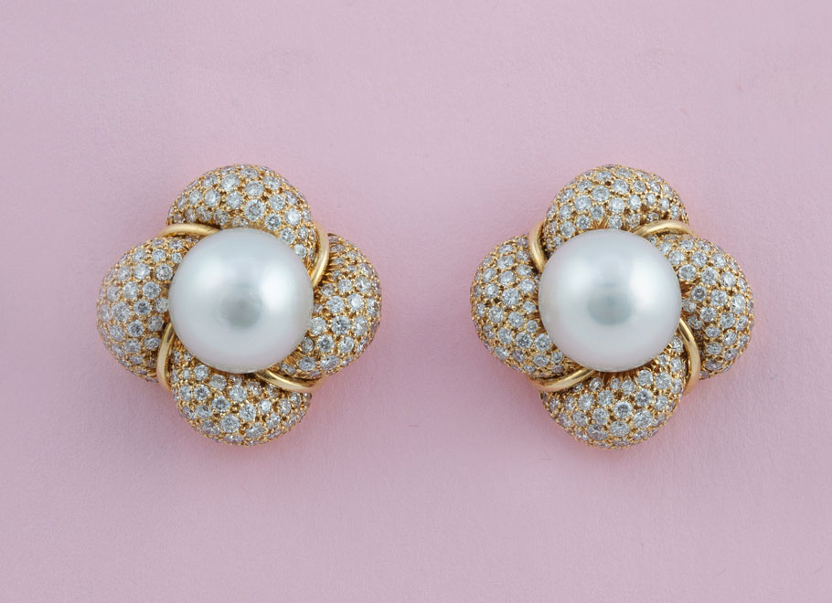 Yellow Gold Diamond and South Sea Pearl Earrings