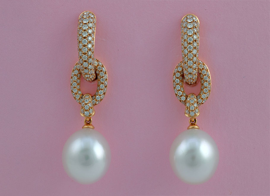Yellow Gold Diamond and White South Sea Pearl Drop Earrings
