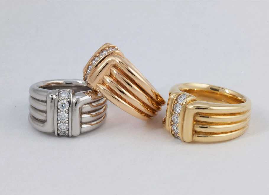 Platinum, Rose Gold, And Yellow Gold Ribbed Diamond Rings