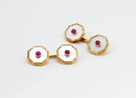 Yellow Gold White Mother of Pearl and Ruby Cuff Links