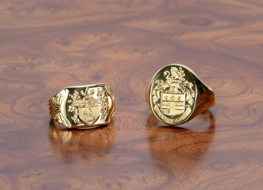 Hand Engraved Coat of Arms Signet Rings