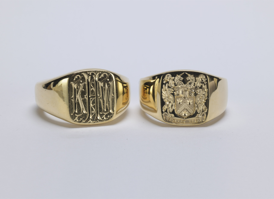 Yellow Gold Cushion Shape Hand Engraved Signet Rings