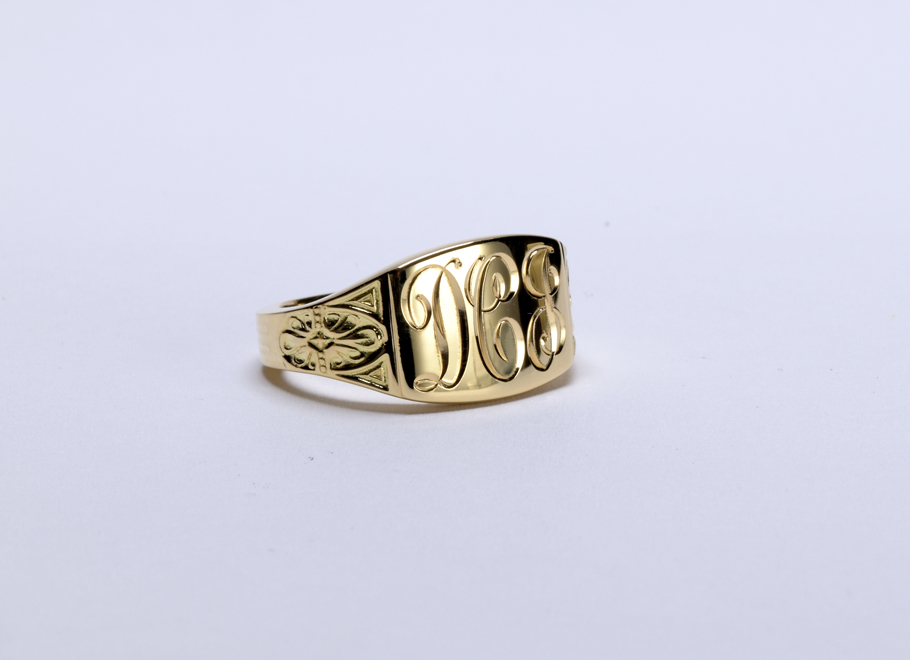 Yellow Gold Rectangle Shape Domed Initial Signet Ring