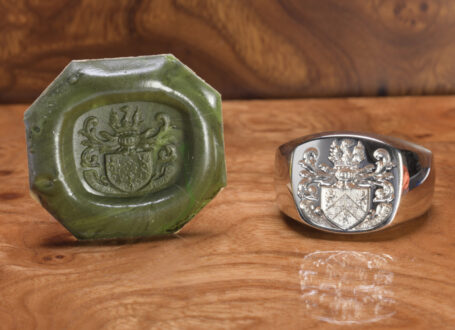 Extraordinary Cushion Shape Platinum Signet Ring with Hand Engraved Family Coat of Arms