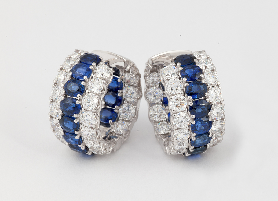White Gold Blue Sapphire and Diamond In-Out Hoop Earrings